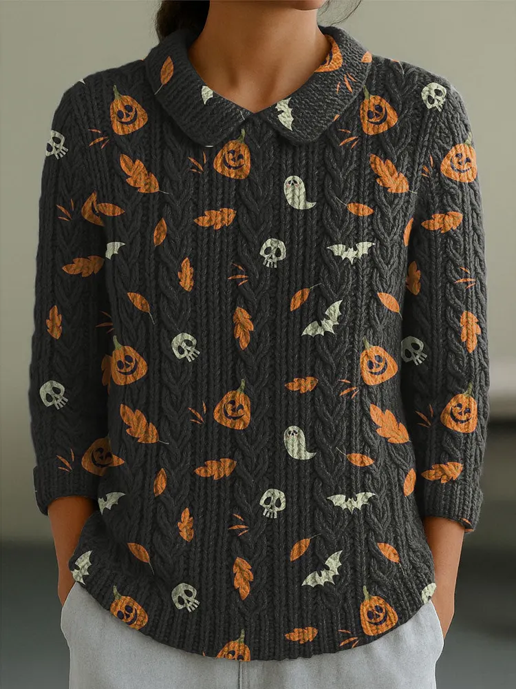 Women's Casual Peter Pan Collar Black Halloween Pattern 3/4 Sleeve Sweater