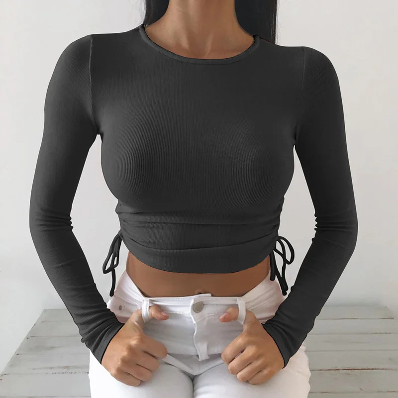 Churchf Churchf 2024 Women's New Irregular Slim Side Rope Long-Sleeve T-Shirt Short Top
