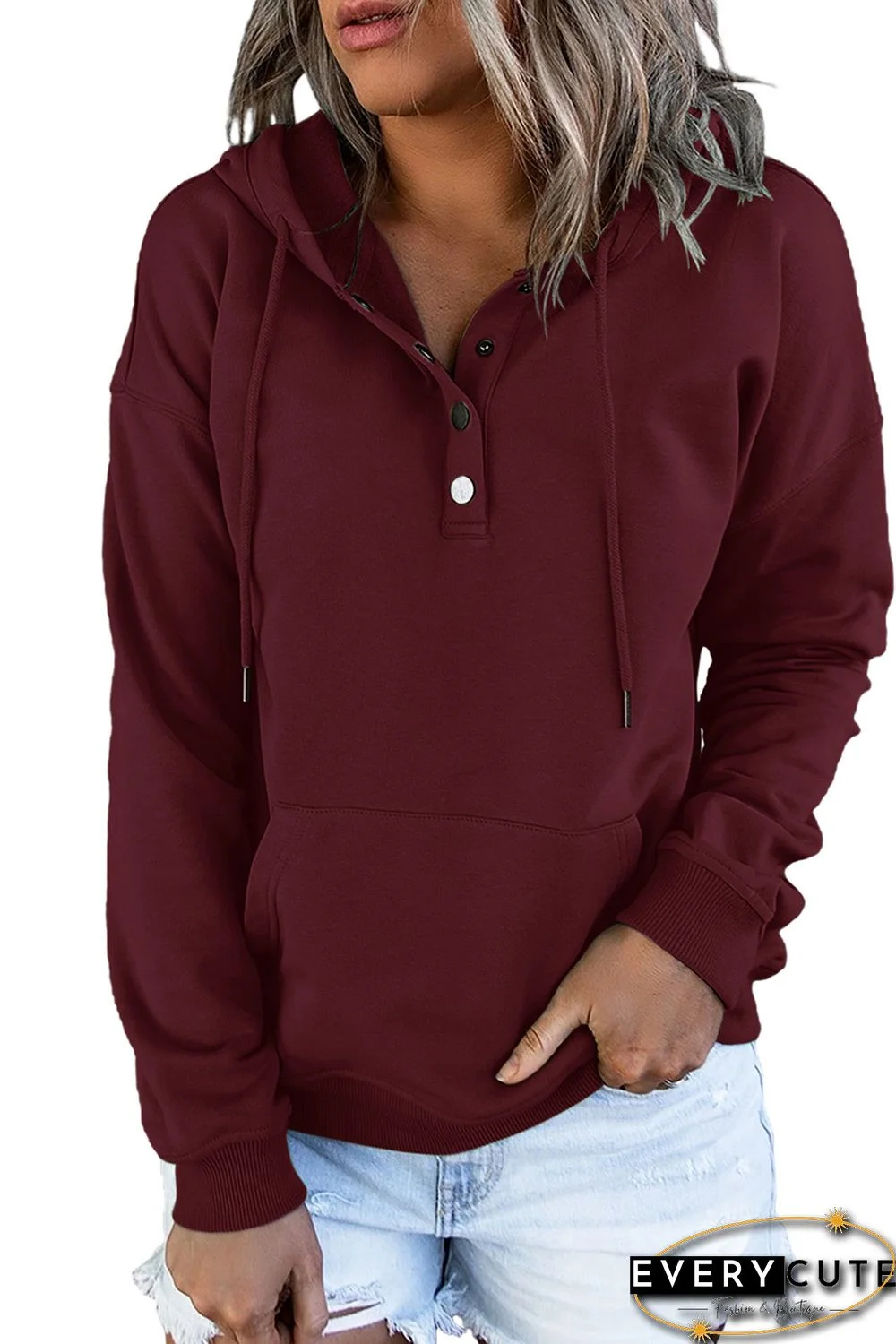 Wine Red Snap Button Pullover Hoodie with Pocket