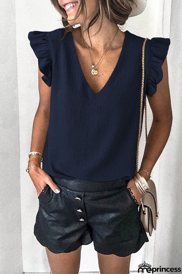 Casual T-shirt Solid V-neck Pullover Ruffle Sleeve Top