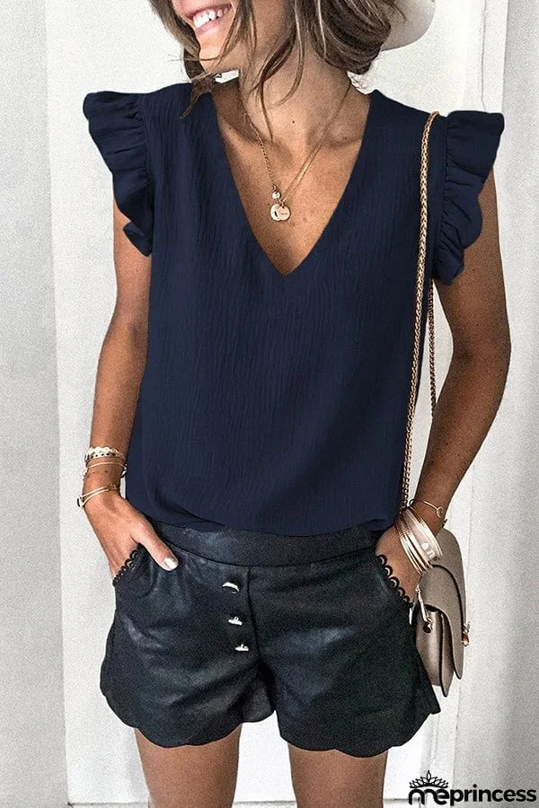 Casual T-shirt Solid V-neck Pullover Ruffle Sleeve Top