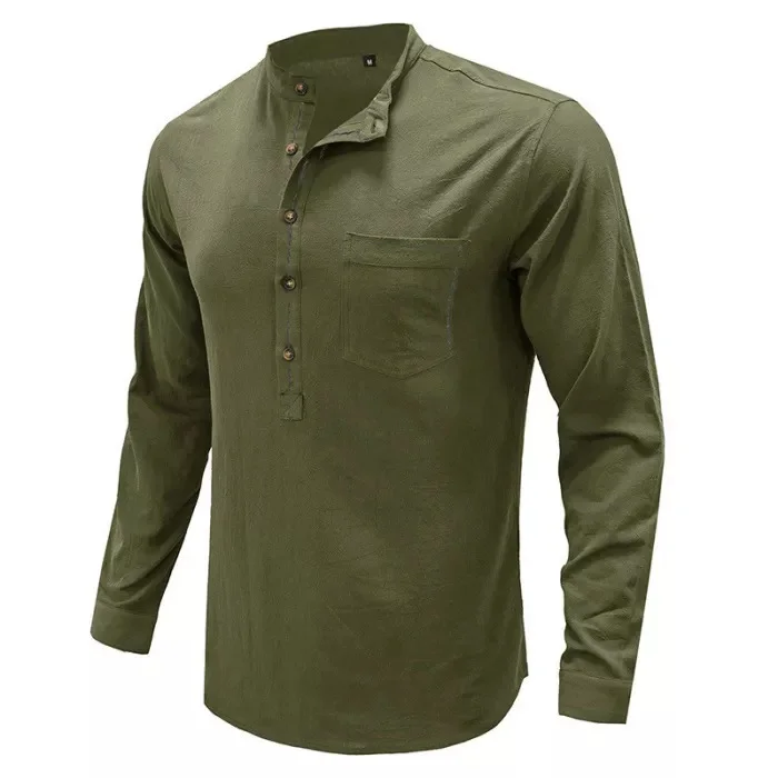 Men Cotton Linen Shirt Long Sleeve Small Stand Collar  Men's Henley Collar Loose Linen Shirt With Black,Grey,Army Green,White,Light Blue,Dark Blue Color
