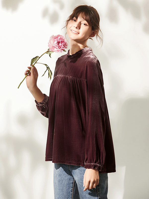 Blouse en velours de soie à manches longues de couleur pure 1