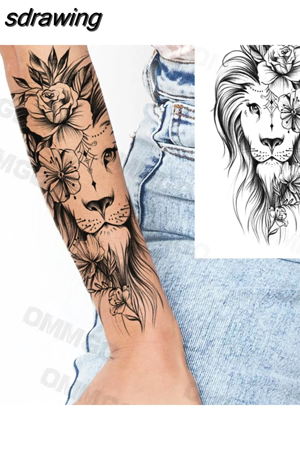 sdrawing Lion Rose Flower Temporary Tattoos For Women Adult Girl Compass Skull Fake Tattoo Arm Thigh Body Art Waterproof Tatoos