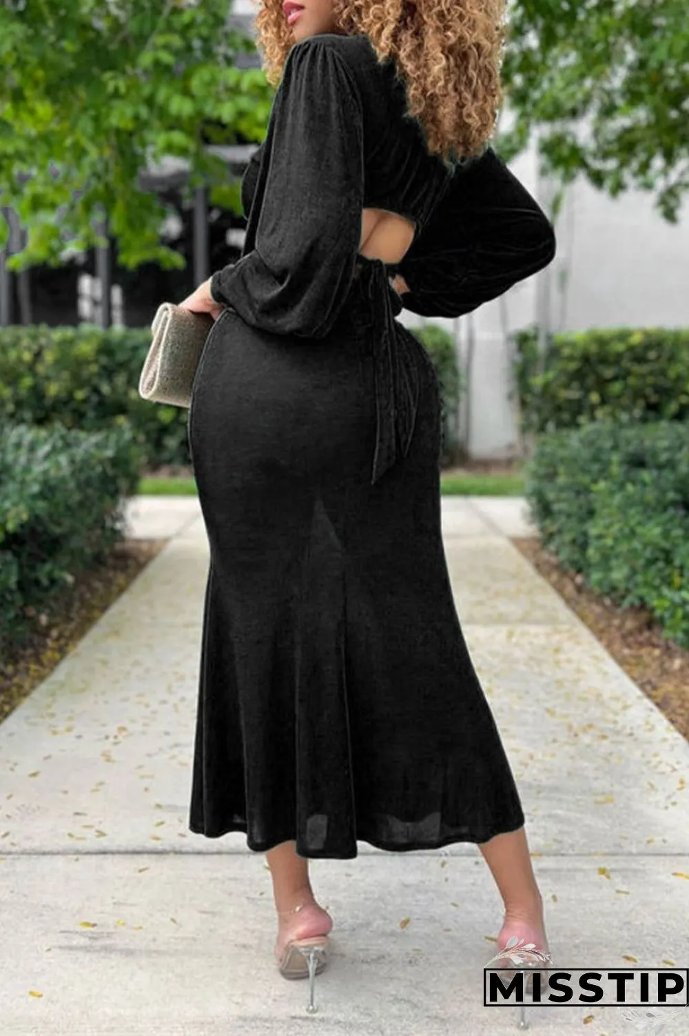 Green Casual Solid Basic V Neck Long Sleeve Dresses