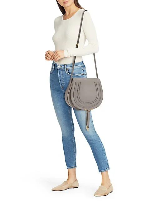 Chlo&eacute; Medium Marcie Leather Saddle Bag-Cashmere Grey