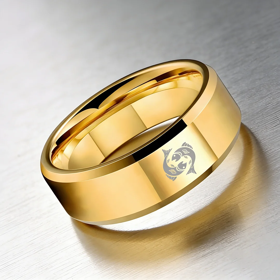 Mens Womens Gold Pisces Tungsten Carbide Bands Gold Edges and Laser Etched Wedding Rings Comfort Fit 4MM 6MM 8MM