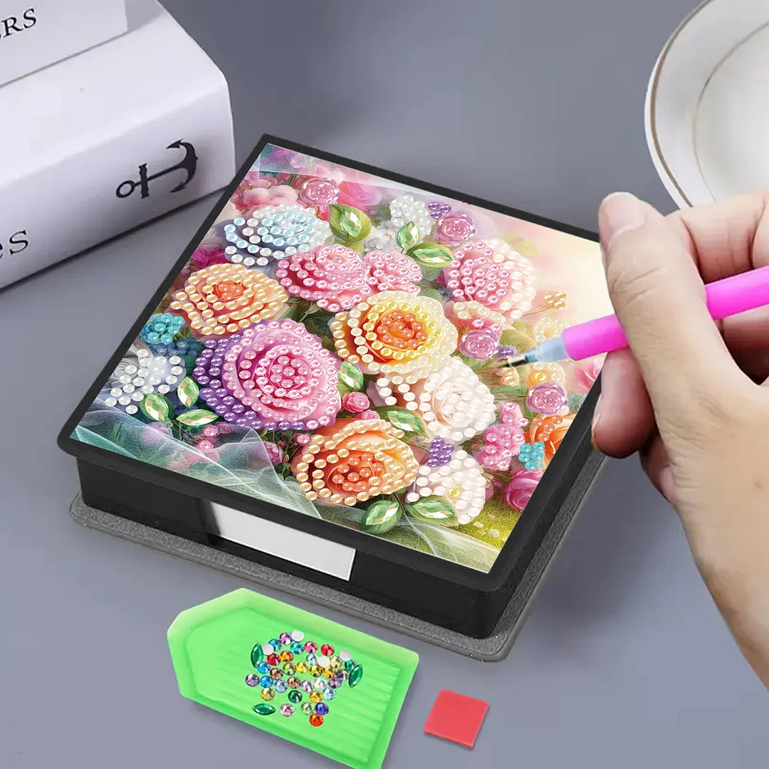 4Pcs Flower 5D DIY PU Diamond Painting Kit Office Note Box with 160 Sheets Paper