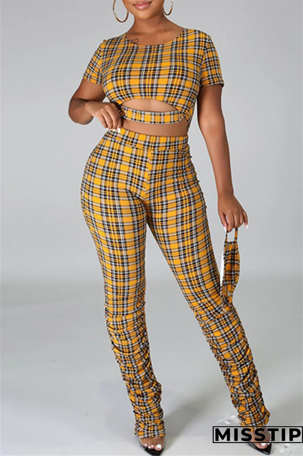 Yellow Fashion Casual Plaid Print Hollowed Out O Neck Short Sleeve Two Pieces