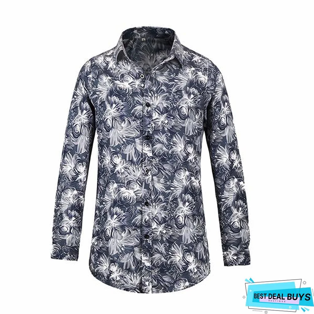 Men Casual Fashion Printed Long Sleeve Turndown Collar Shirts