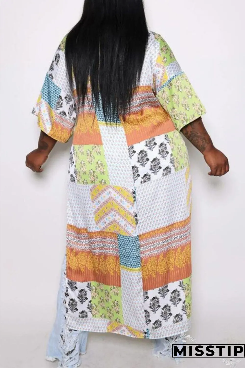 White Fashion Casual Print Slit Cardigan V Neck Plus Size Overcoat
