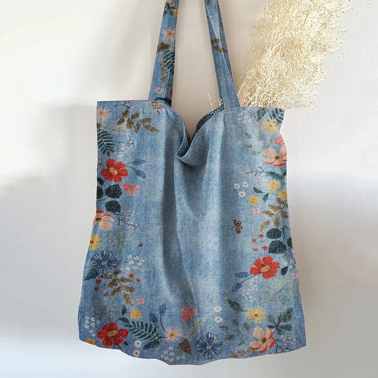 Utbros Retro Denim Blue Floral Art Print Linen Tote Bag