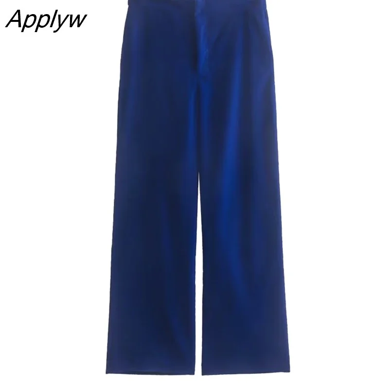 Applyw Women Autumn Velvet Blazer Jackets Pants Set 2023 Simple Office Single Button Coat Female Oversize Clothes Outerwear