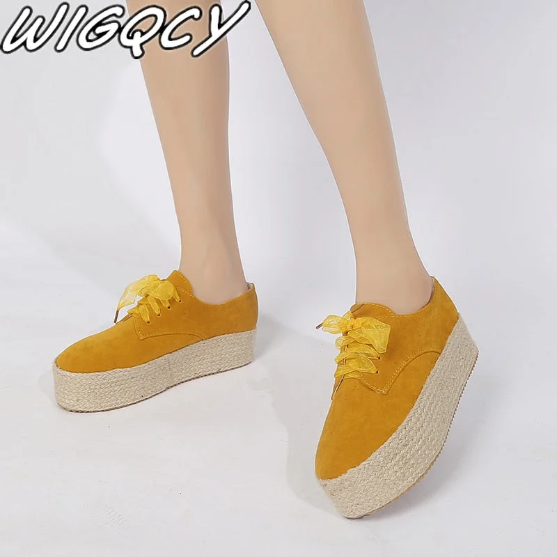 2022 Spring/Autumn Shoes Woman Canvas Bottom Flats Fashion Ladies Espadrille Shoes Girls Lace Up Round Toe Casual Wedge Sneakers