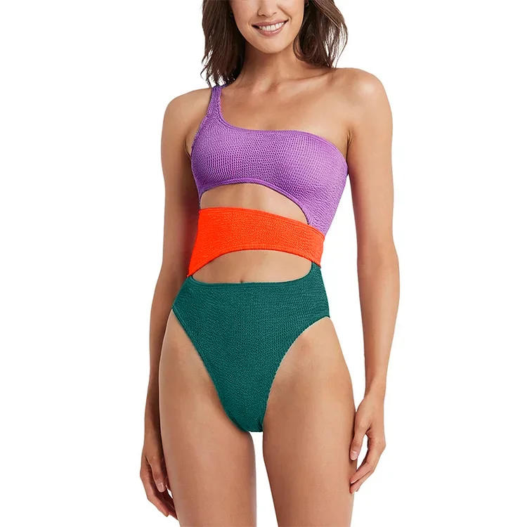 Pitted Fabric Color Block Cutout One Piece Swimsuit