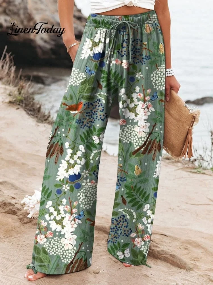 Women's Vintage Floral Print Wide Leg Pants