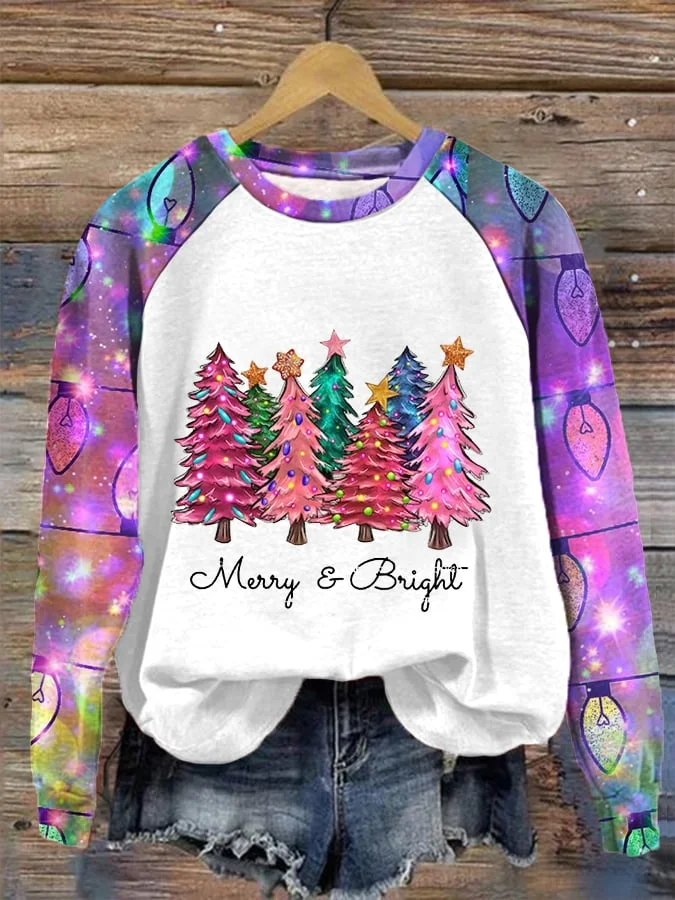 Women's Christmas Merry And Bright Colorful Lights Print Casual Sweatshirt
