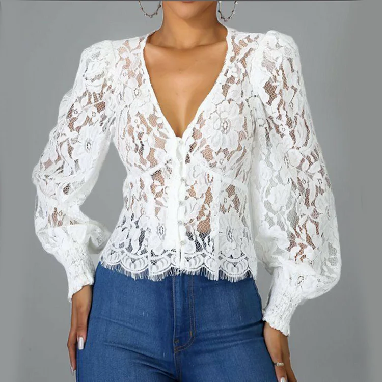 Lace Floral Hollow Out V Neck Puff Sleeve Blouse