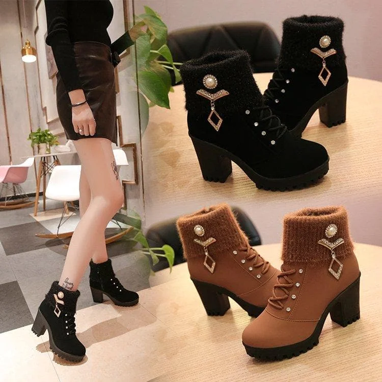 Black/Brown Sweet Fleece Heels Boots S12896
