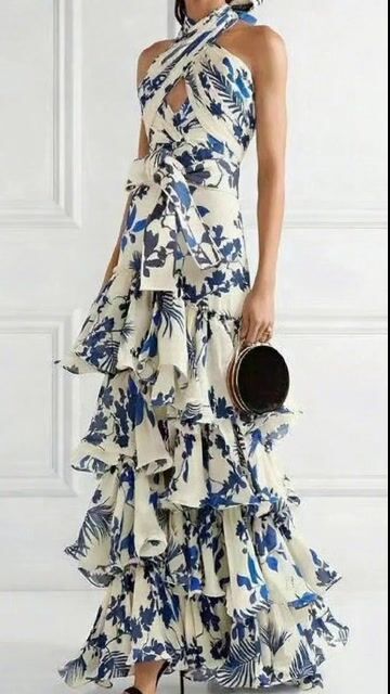 Bohemian Vacation Style Ruffled Print Dress Sleeveless