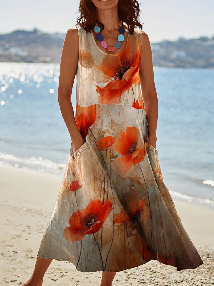 Women's Flowers Poppy Pocket Pinafore Linen Dress