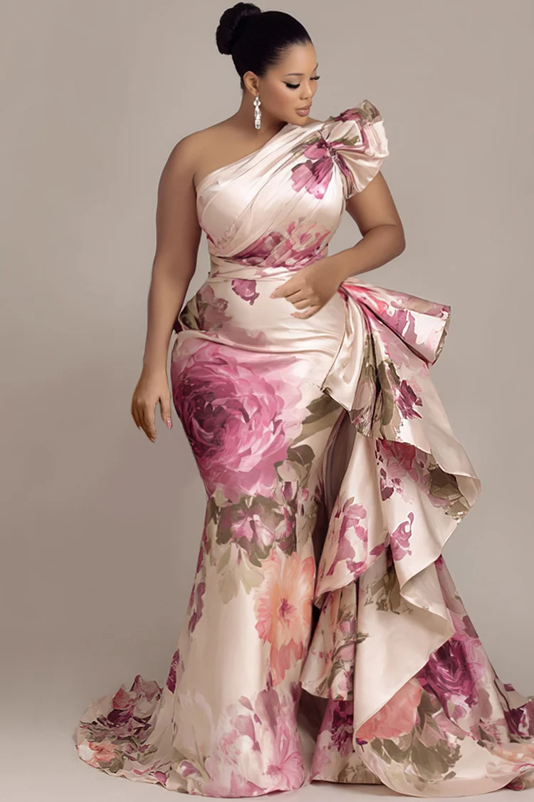 Xpluswear Design Plus Size Formal Pink Oblique Collar One Shoulder Ruffle Elegant Satin Maxi Dresses [Pre-Order]