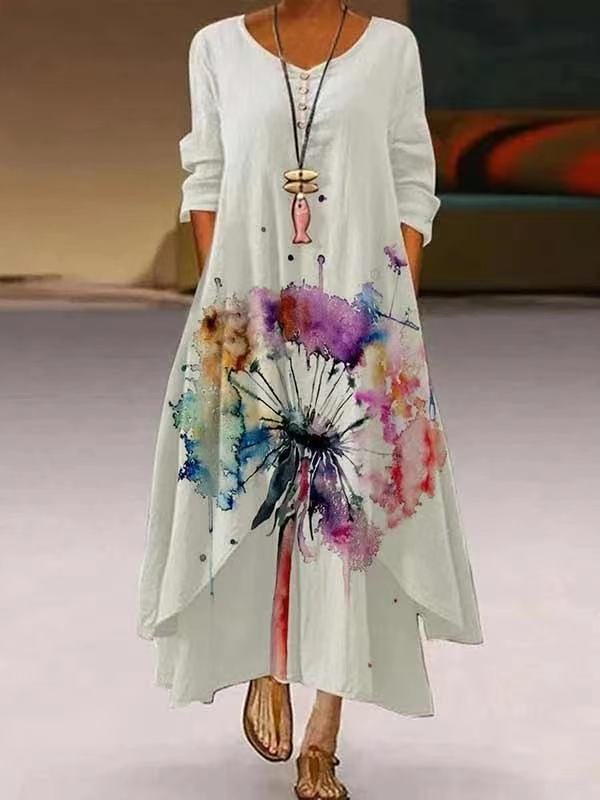 Tie-Dyed Flower Print Round Neck Long-Sleeved Dress