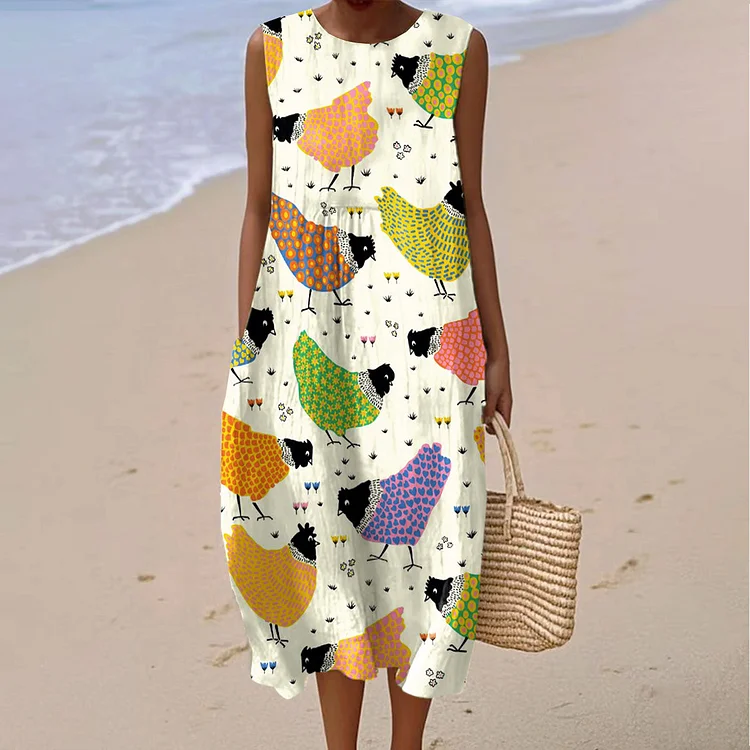 Women's Vintage Cute Farm Chicken Art Print Sleeveless Cotton Pocket Wrap Dress
