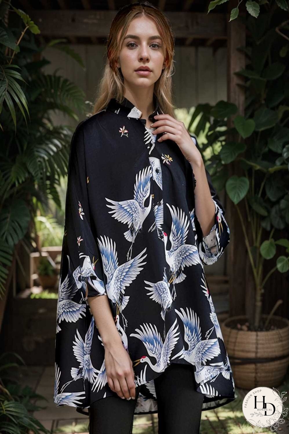 size curve blouses crane print loose oversized blouse