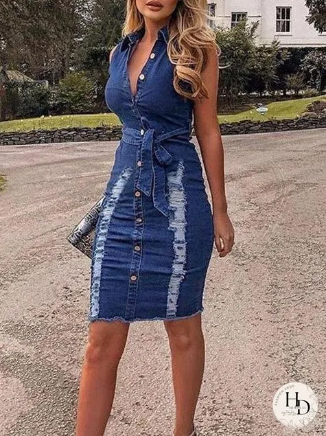 Distressed Denim Button Sleeveless Frayed Mini Dress With Belt for Women