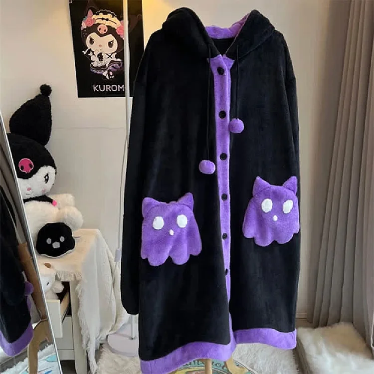 Cartoon Ghost Cat Plush Hooded Pajamas Set - Modakawa modakawa