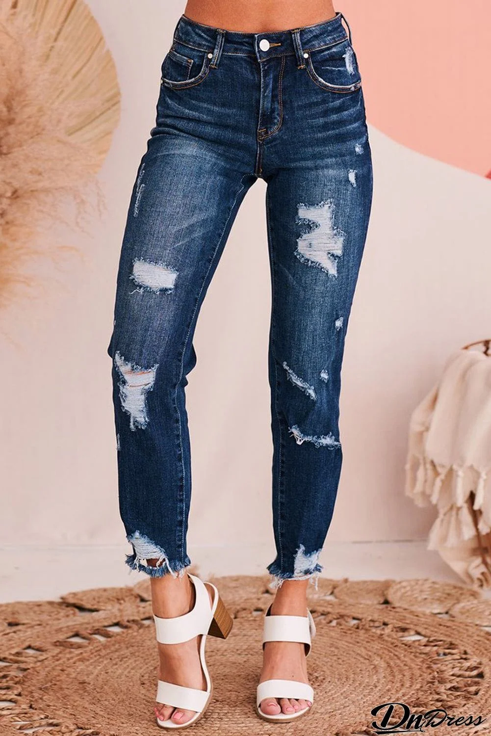 High Waist Cropped Distressed Ripped Jeans with Pockets