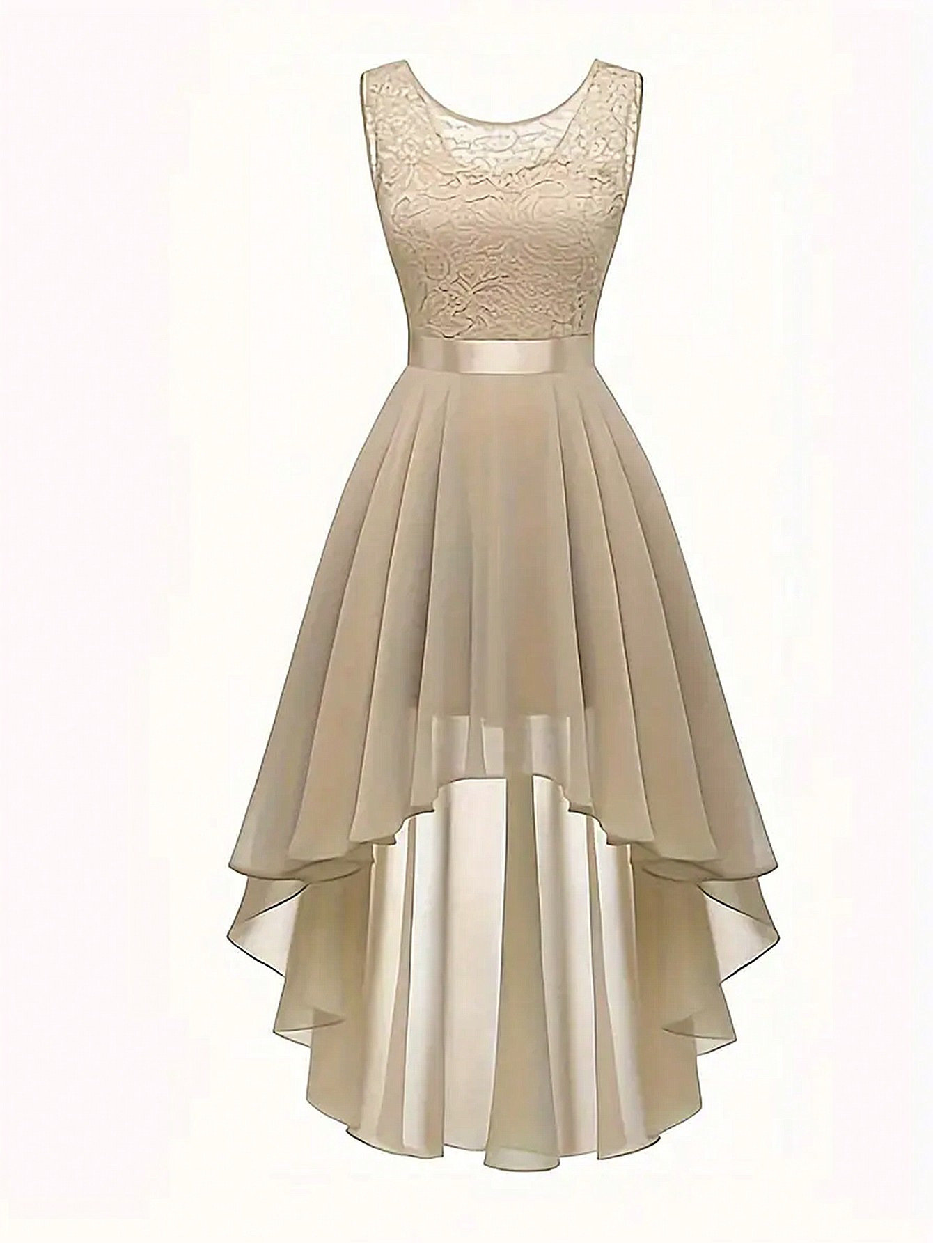 Solid Lace Sleeveless High-Low Party Dress