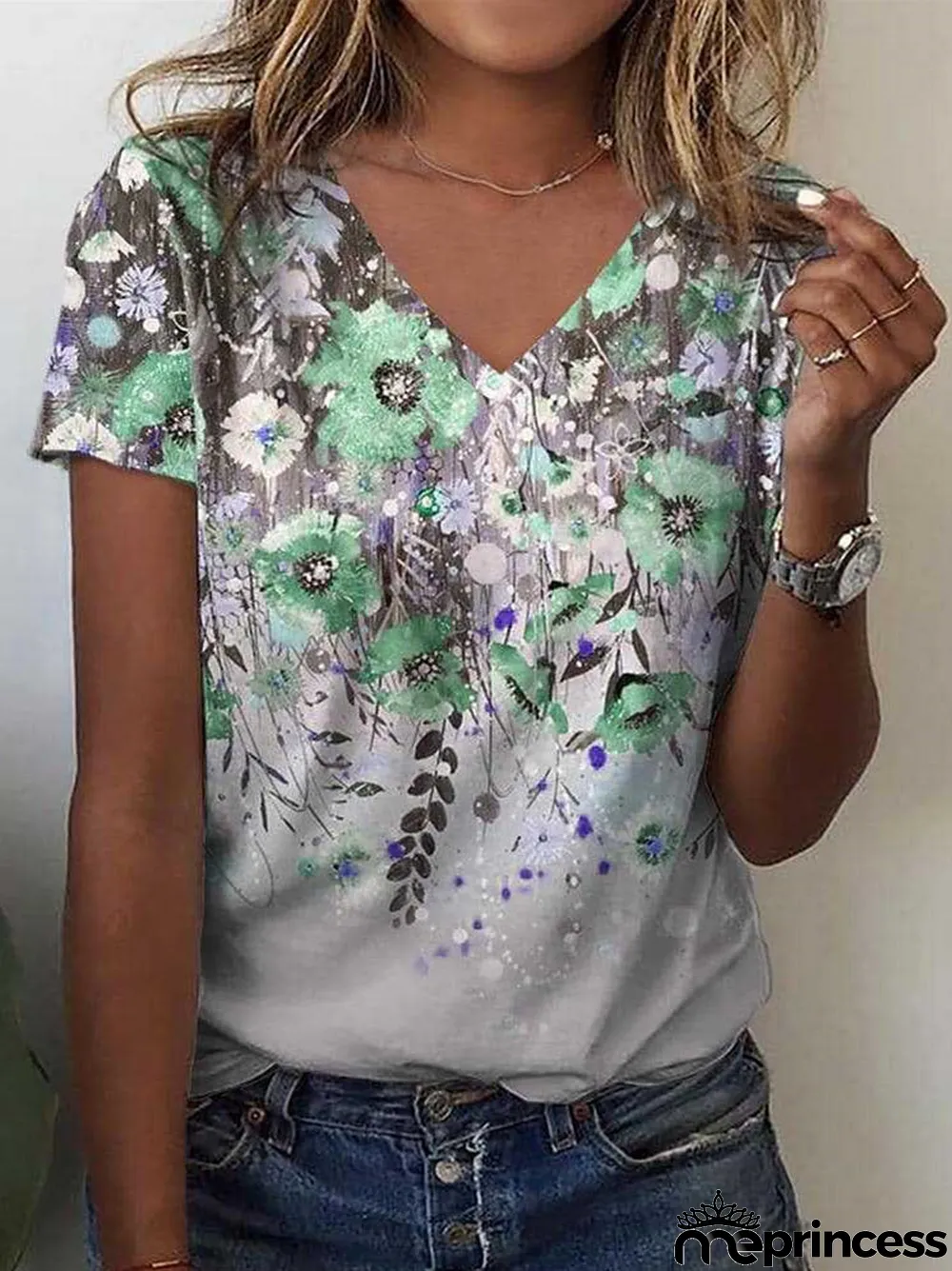 Women's Floral Printed Short Sleeve V-neck Top