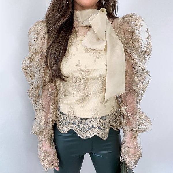 Fashion Spring Mesh Shirt Summer Floral Lace Puff Sleeve Blouse Sheer Elegant Organza Bow Top - Shop Trendy Women's Clothing | LoverChic