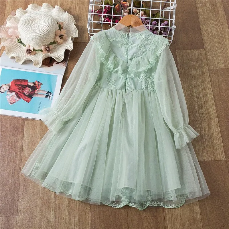 Spring Girls Clothing Elegant Lace Wedding Dress Flower Girls Dress Princess Party Pageant Tulle Gown Kid Girls Clothes 3-8Years