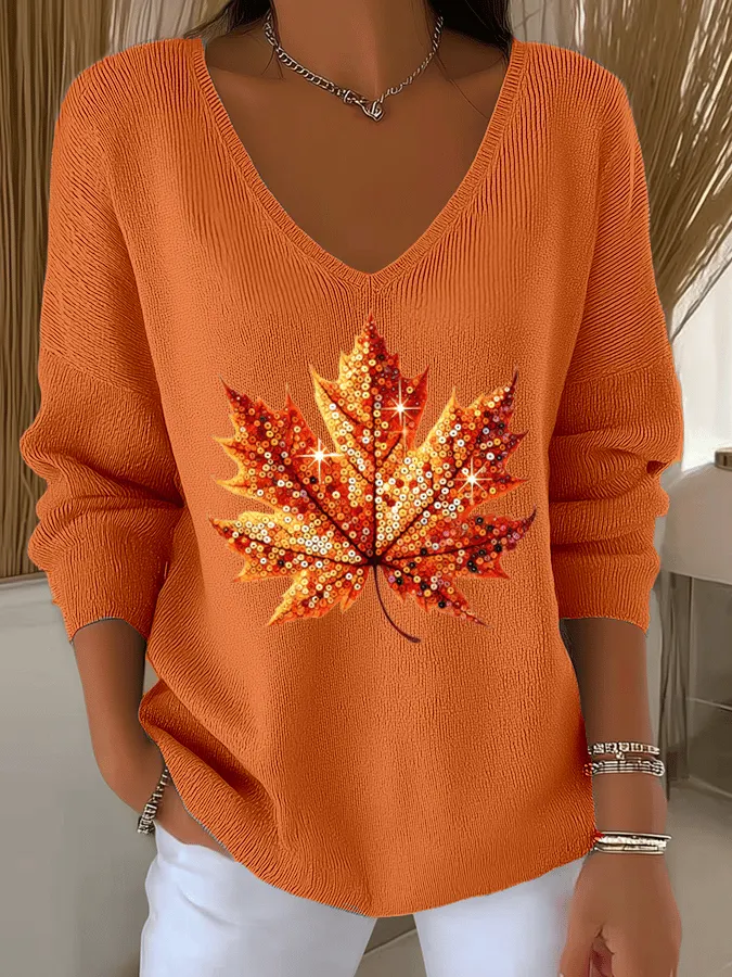 Women's Sequined Maple Leaf Printed Casual Striped Fabric Long Sleeve T-Shirt 