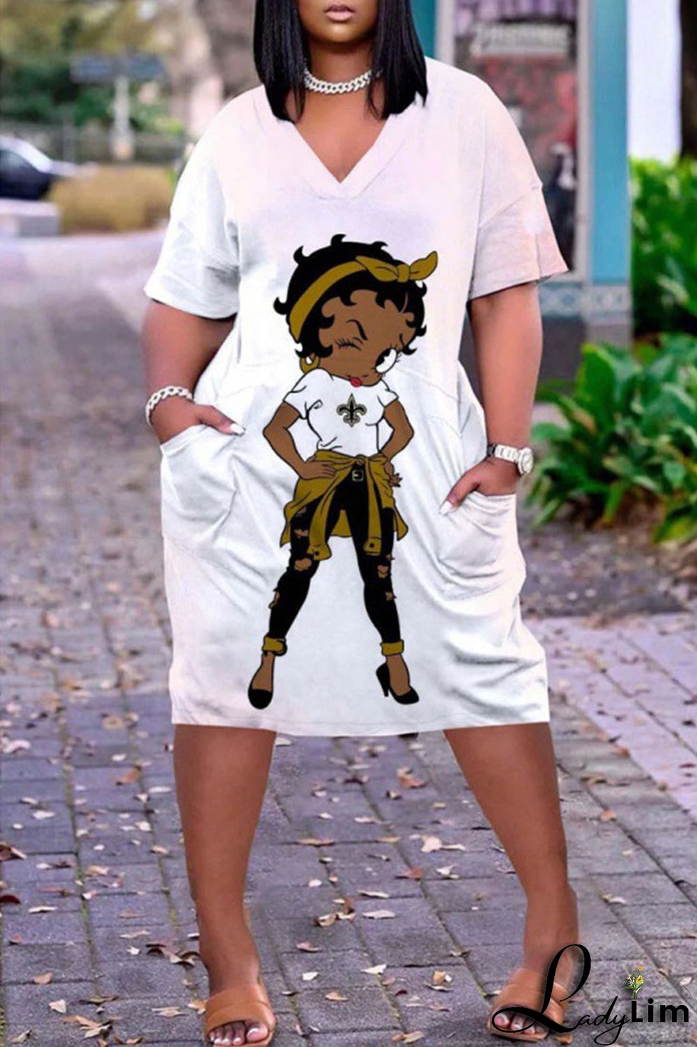 White Casual Print Split Joint Pocket V Neck Straight Dresses