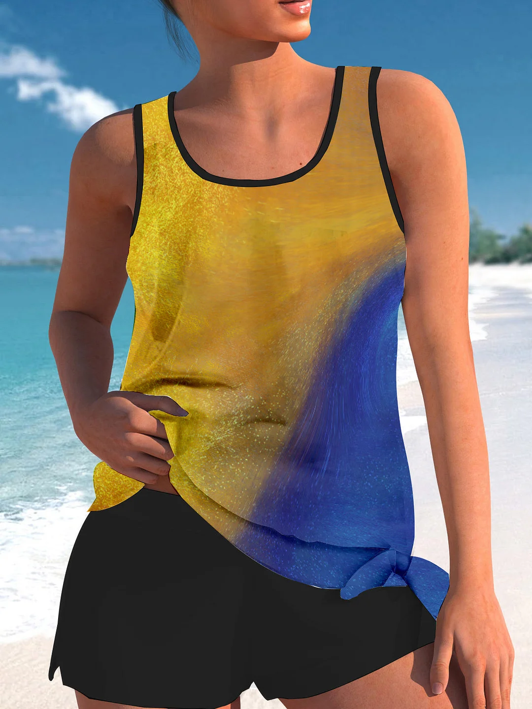 Bowknot Yellow Colorblock Printed Mid Waisted Tankini Set - Plus Size Available