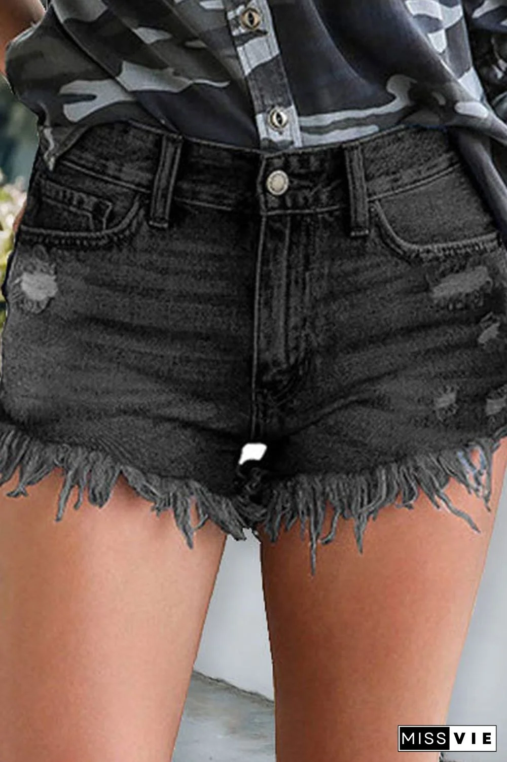 Denim Tassel High Waist Hole Distressed Shorts