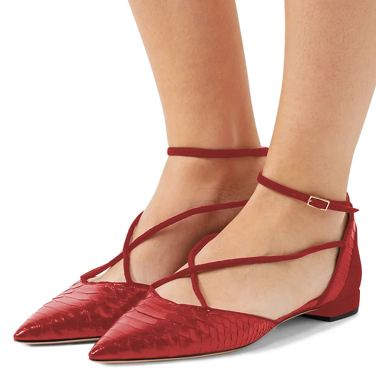 Burgundy Pointy Toe Flats Python Ankle Strap Shoes |FSJ Shoes