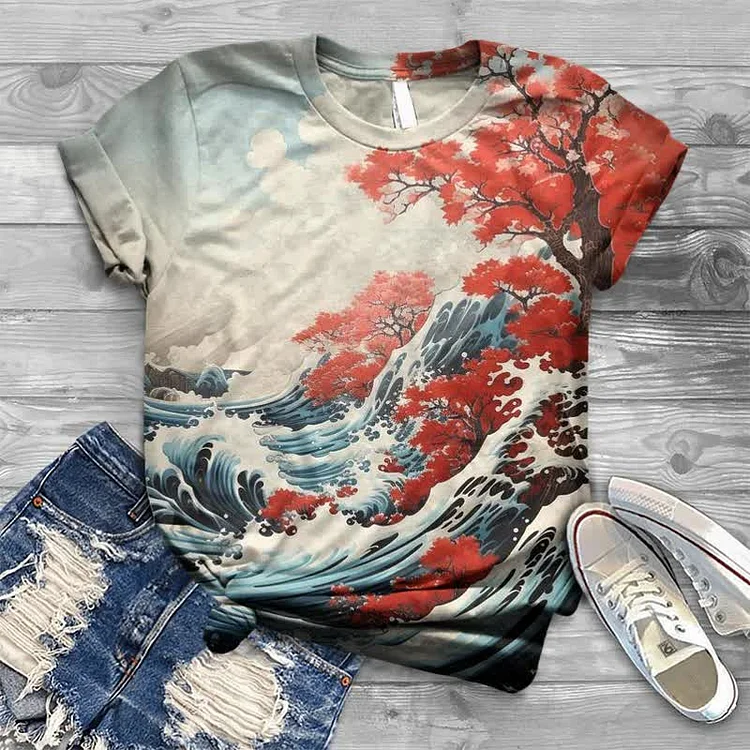 Plum Blossom Cliff Wave Japanese Style Print T-shirt