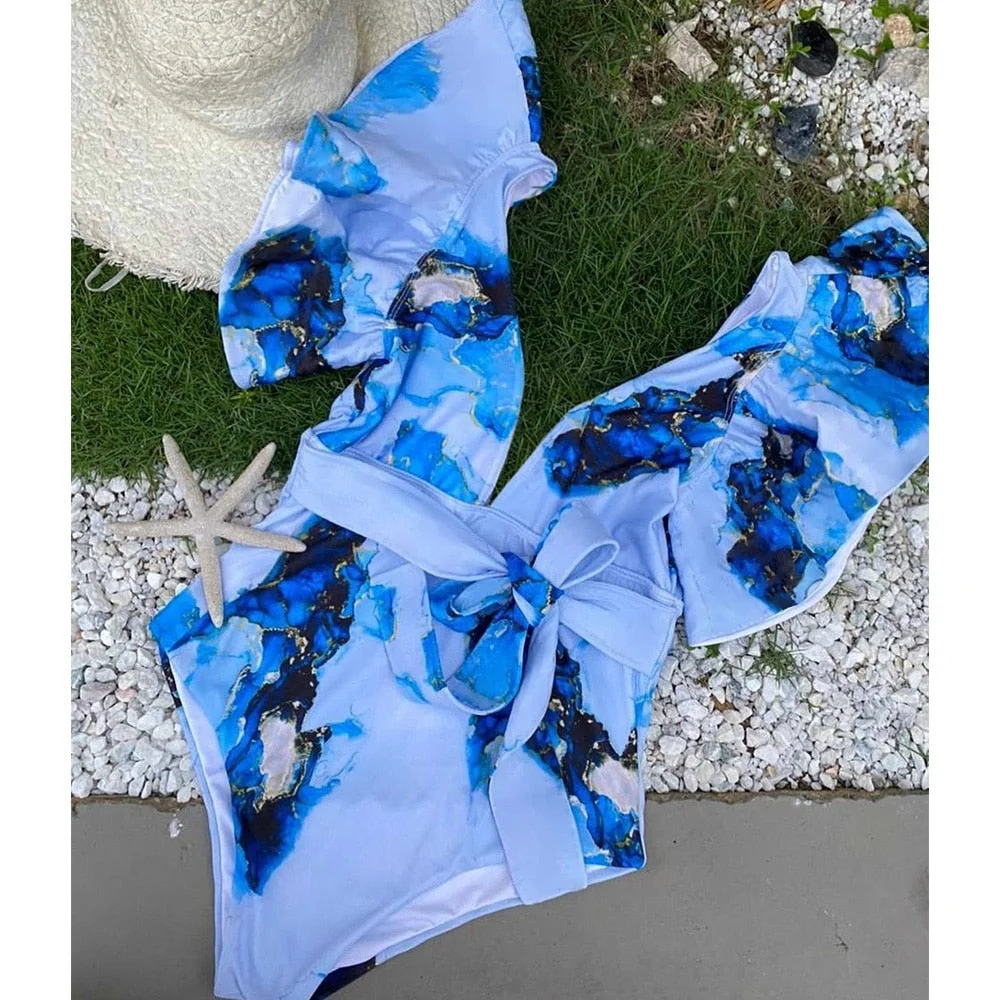 2021 New Sexy Print Floral Bandage One Piece Swimwear Swimsuit Women Ruffle Summer Beach Wear Strappy Bathing Suit Monokini