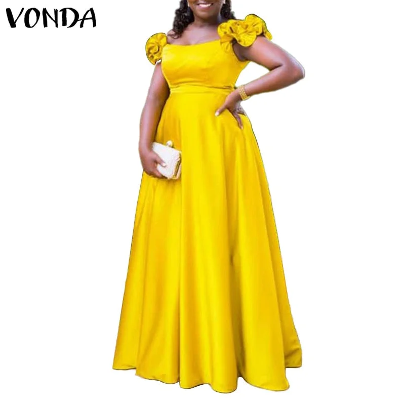 Big Swing A-line Maxi Dress Women Summer Party Dress 2022 VONDA Vintage Solid Color Robe Elegant Bohemian Sundress Femininas