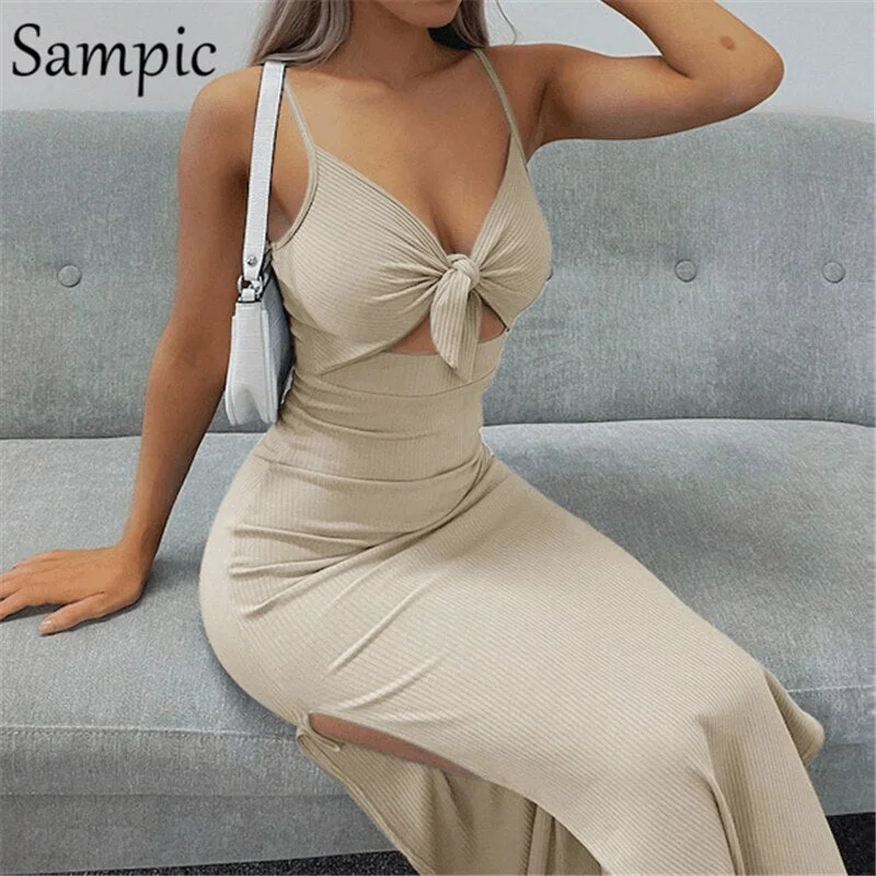 Sampic Sexy Backless Khaki Fashion Women Bandage Hollow Out Long Split Bodycon Dress 2021 Ladies Party Club Knit Cut Out Dress