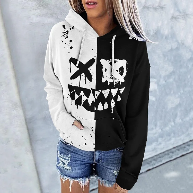 Contrast Patchwork Printed Long Sleeve Casual Hoodie