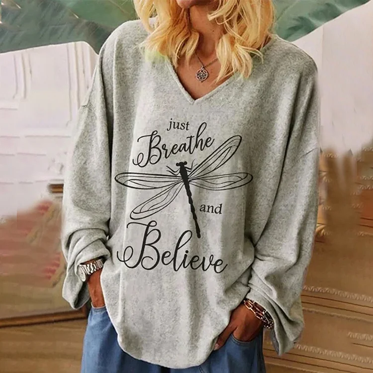 Wearshes Just Breathe And Believe Dragonfly Print Casual T-Shirt