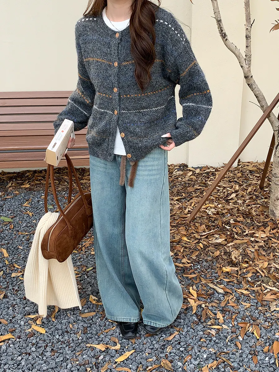 Nigikala Nigikala Morning Capture Gentle Korean Vintage Striped Knitted Cardigan Sweater ZY3654