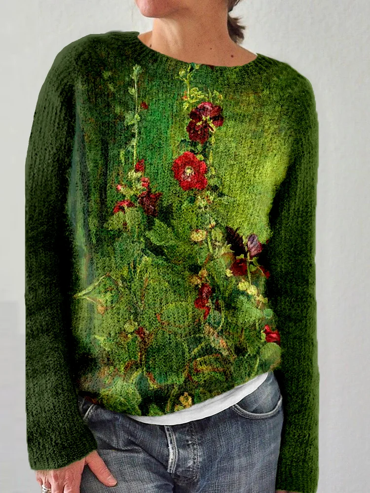 Hollyhocks Painting Art Crew Neck Casual Cozy Sweater