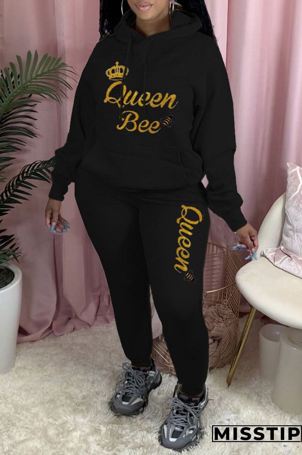 Grey Casual Print Patchwork Hooded Collar Long Sleeve Two Pieces